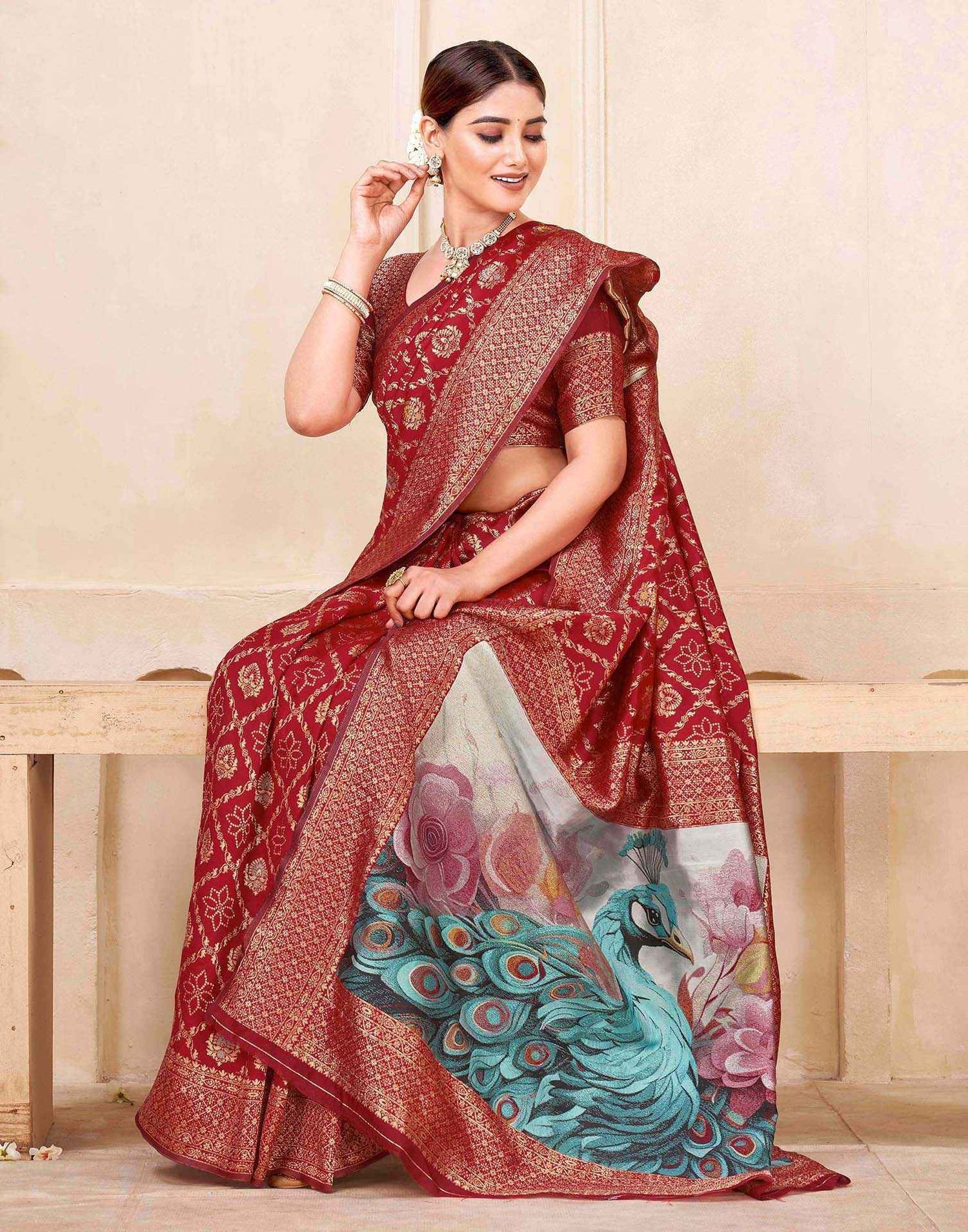 Maroon Silk Woven Banarasi Saree