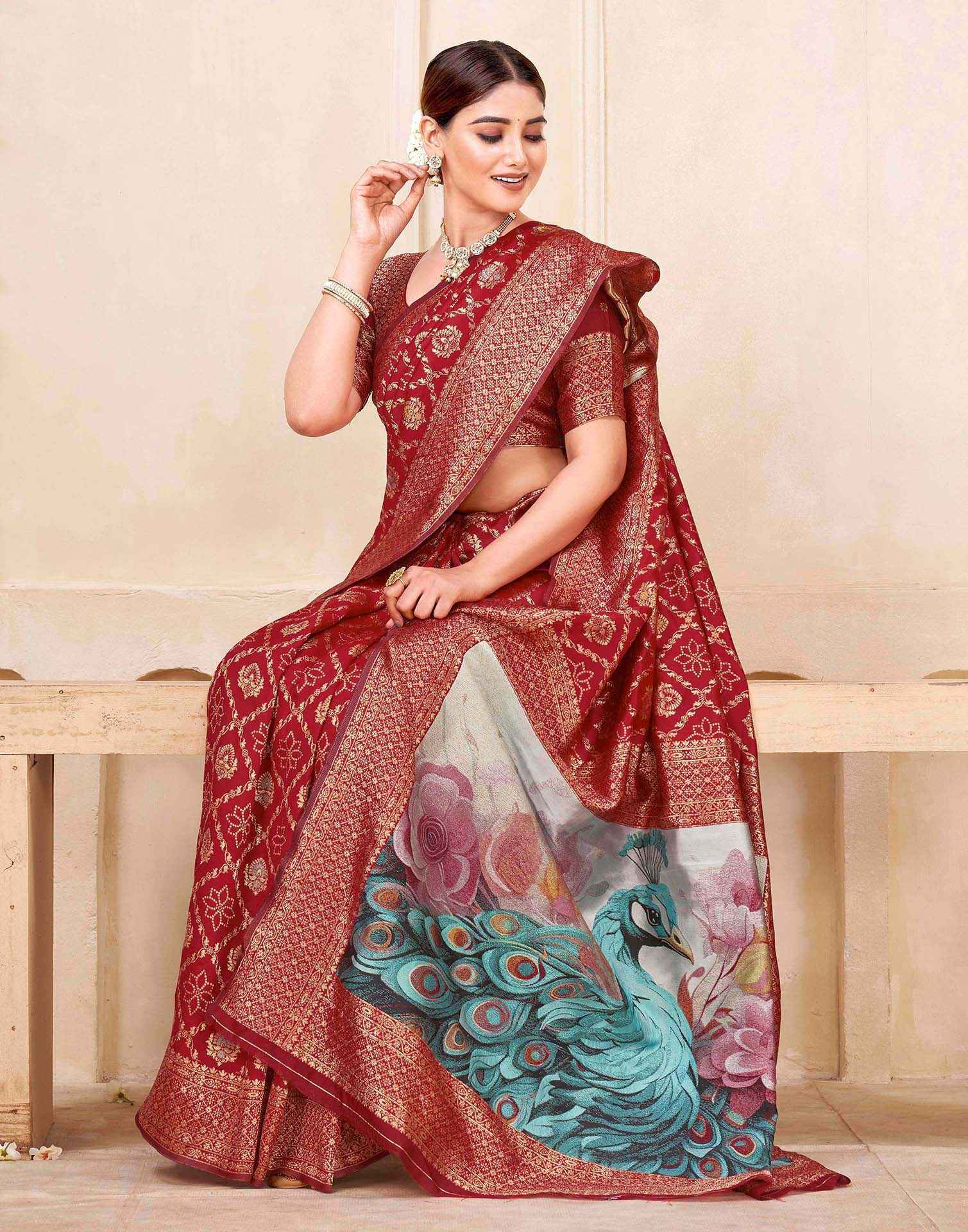 Maroon Silk Woven Banarasi Saree