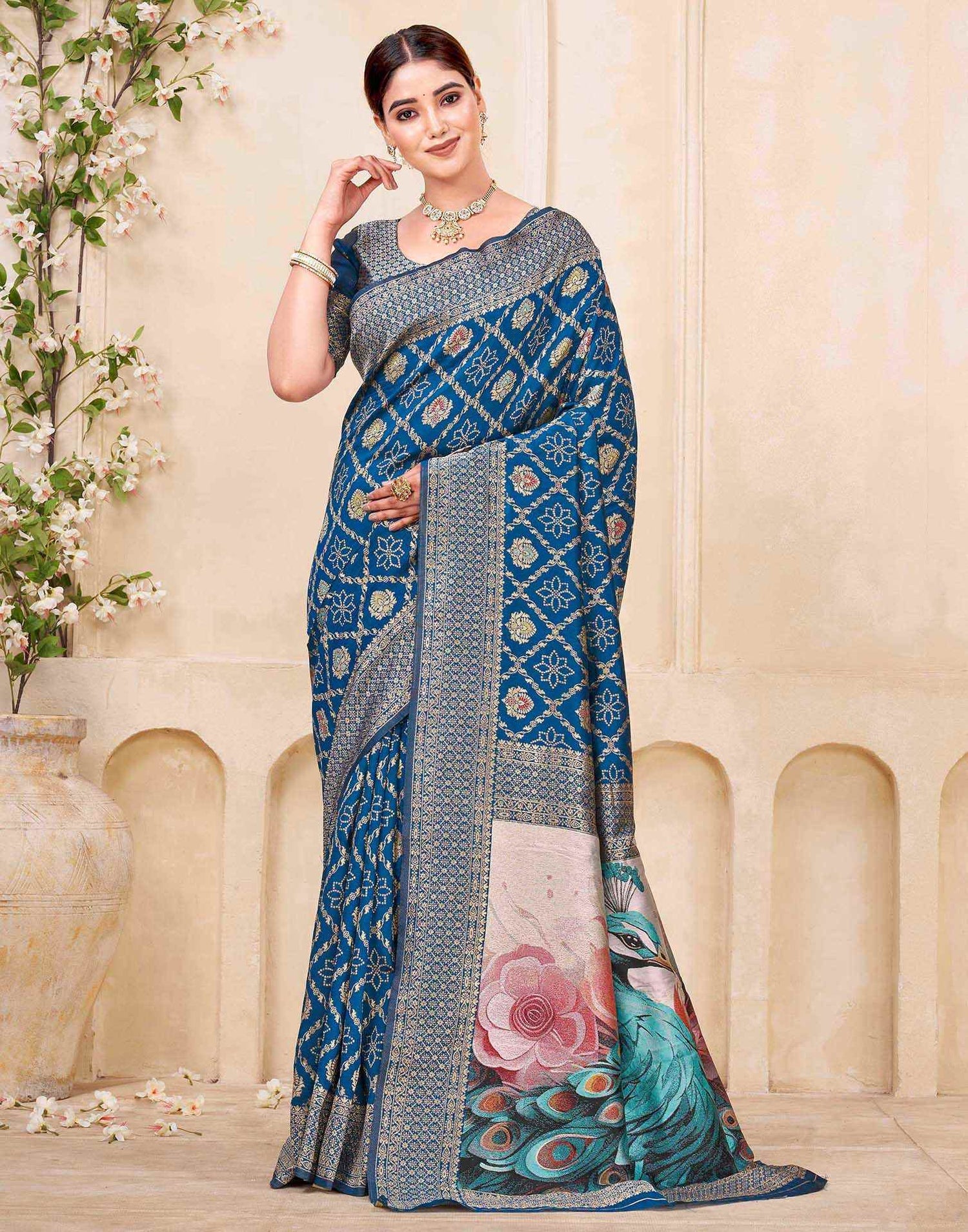 Rama Blue Silk Woven Banarasi Saree