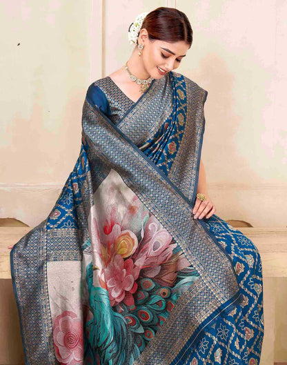 Rama Blue Silk Woven Banarasi Saree