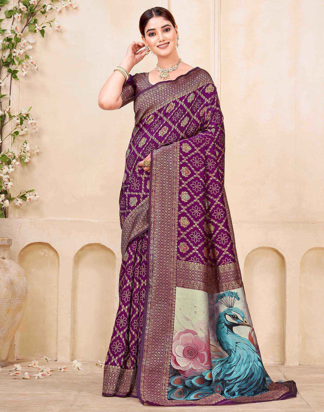 Dark Purple Silk Woven Banarasi Saree