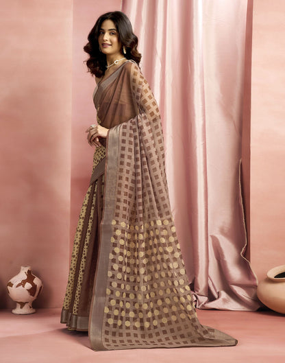 Brown Cotton Linen Printed Saree