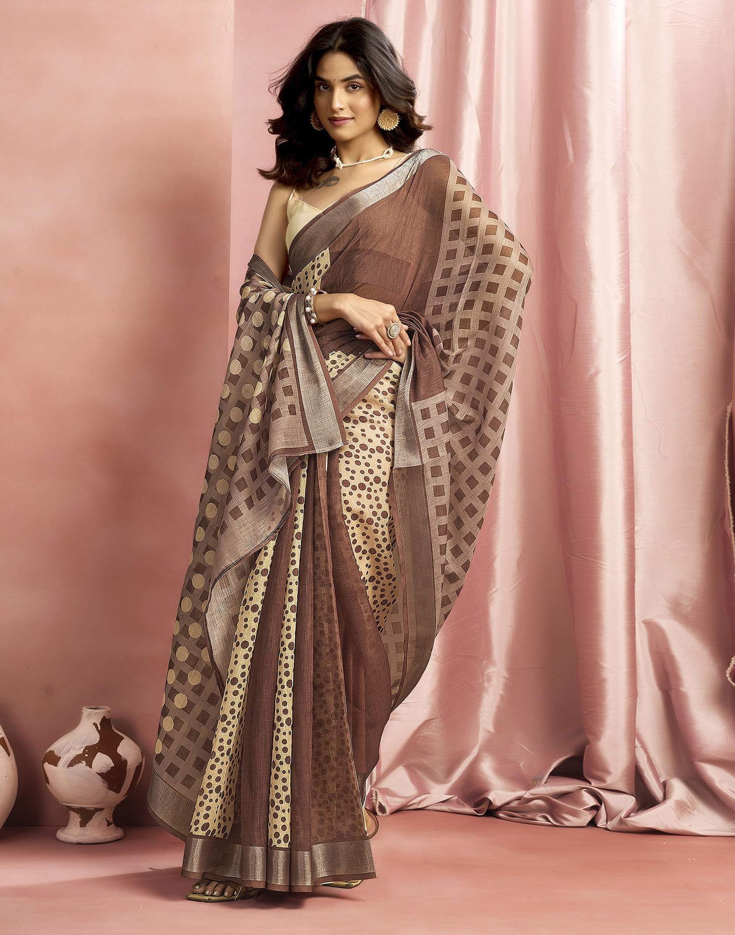 Brown Cotton Linen Printed Saree