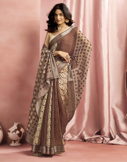 Brown Cotton Linen Printed Saree