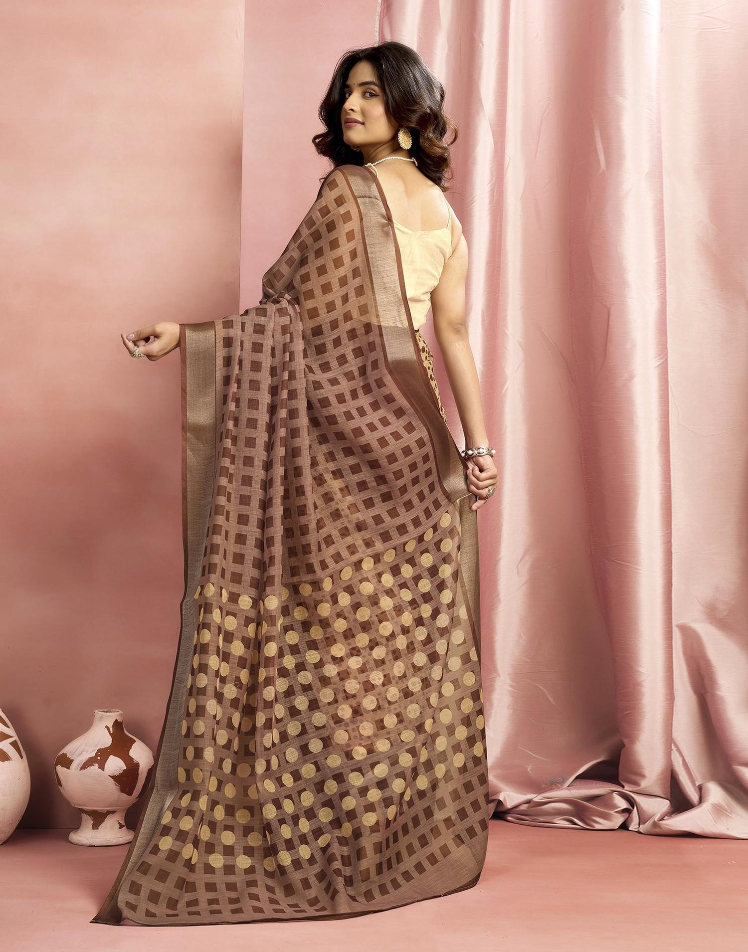 Brown Cotton Linen Printed Saree