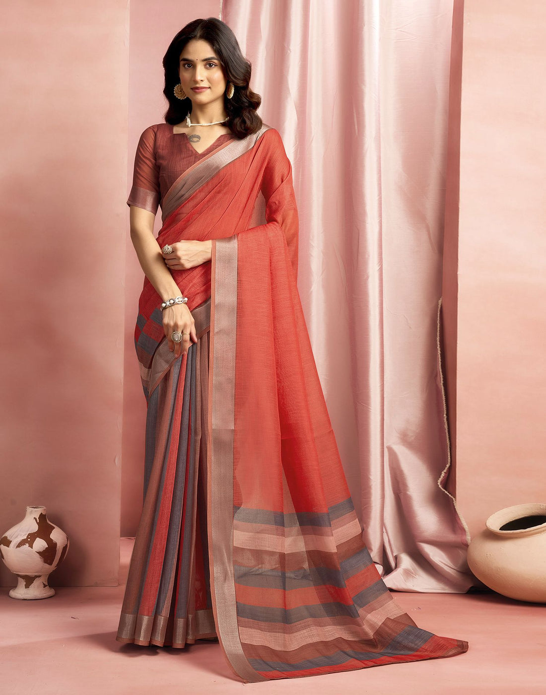 Brown Cotton Linen Printed Saree