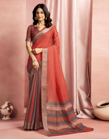 Brown Cotton Linen Printed Saree