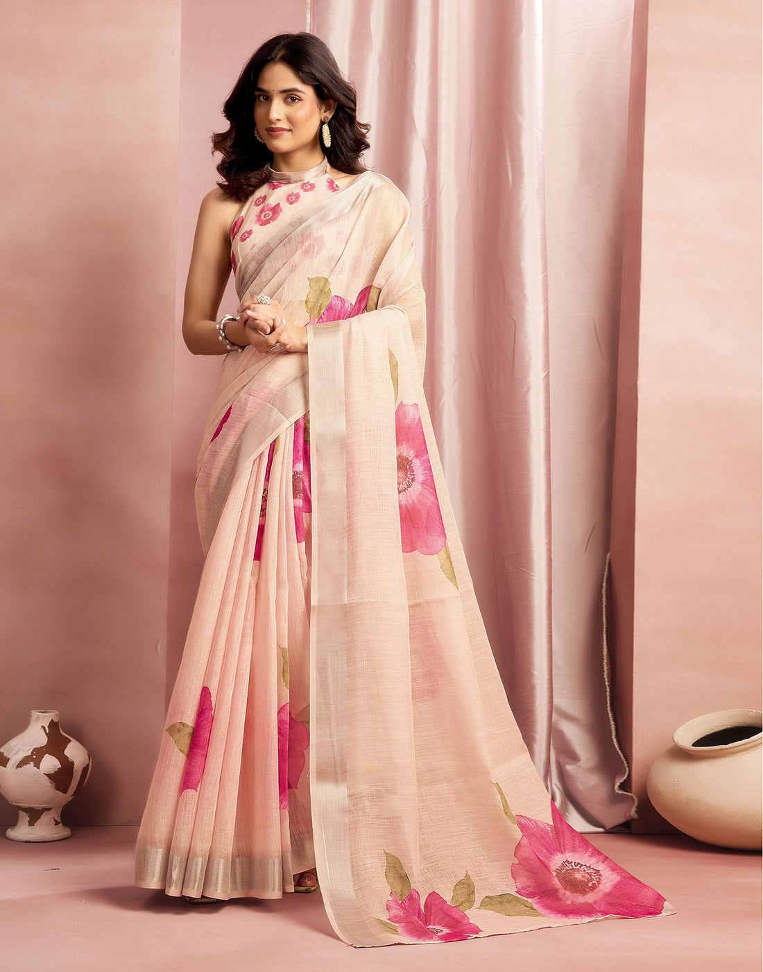 Ceam Cotton Linen Floral Printed Saree