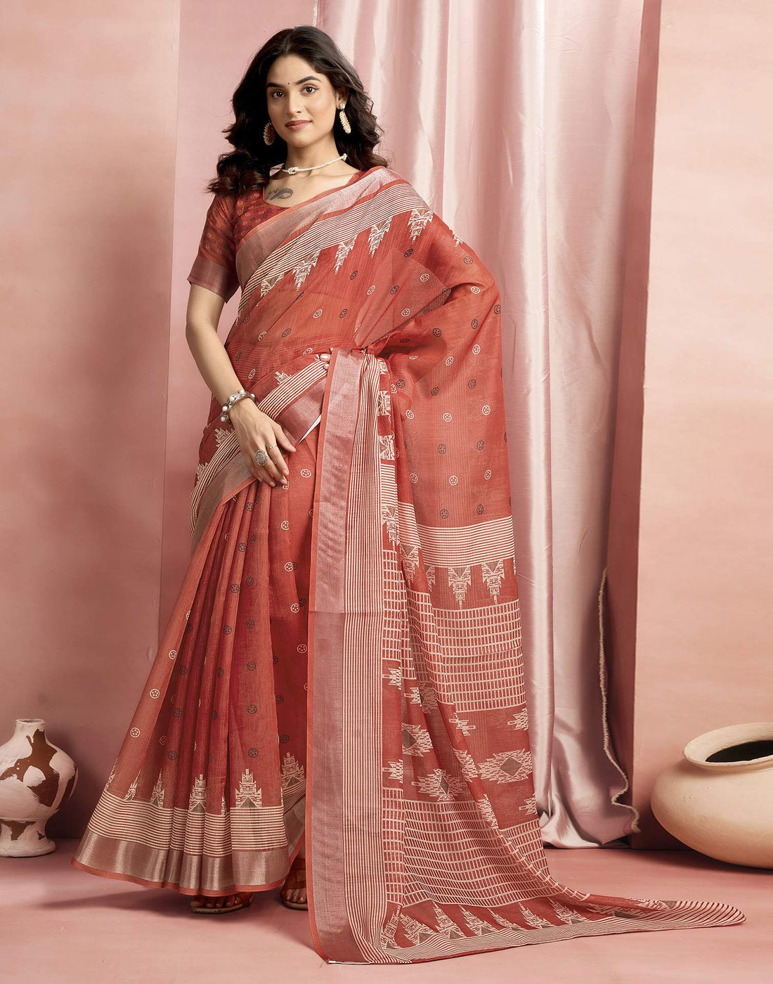 Rust Cotton Linen Printed Saree