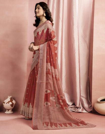 Rust Cotton Linen Printed Saree