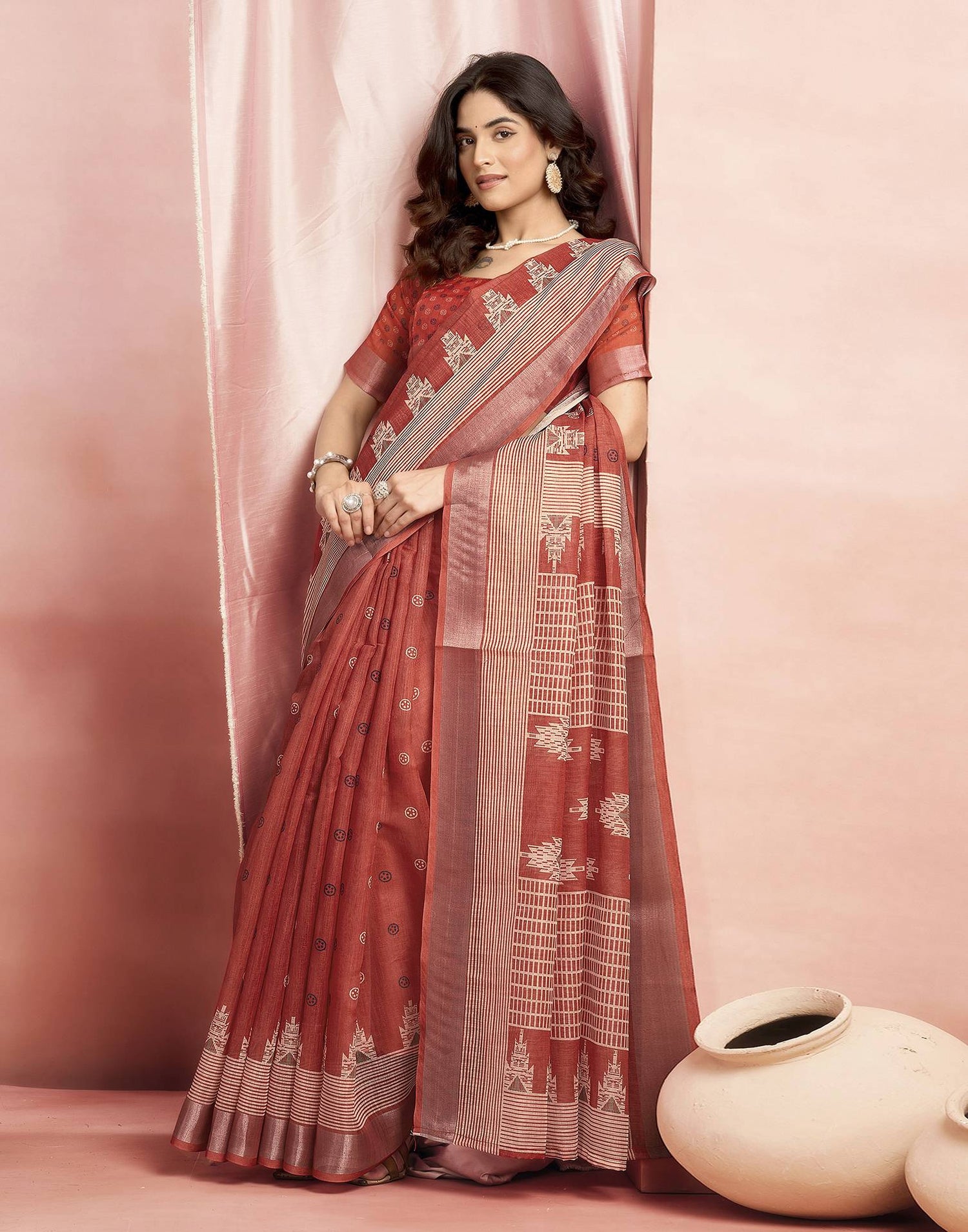 Rust Cotton Linen Printed Saree