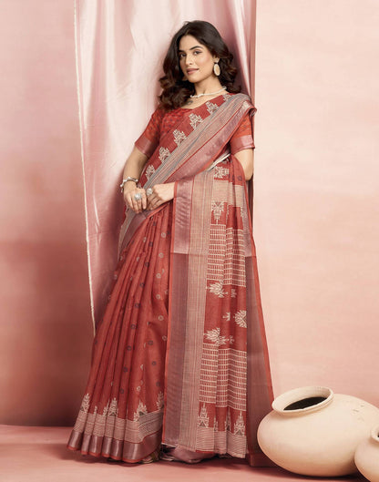 Rust Cotton Linen Printed Saree