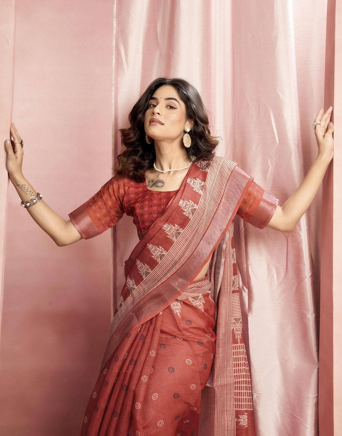 Rust Cotton Linen Printed Saree