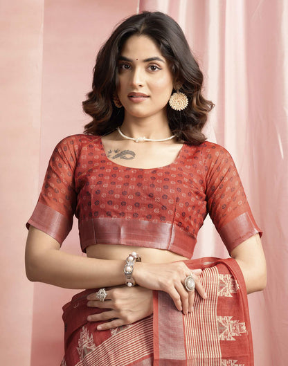 Rust Cotton Linen Printed Saree