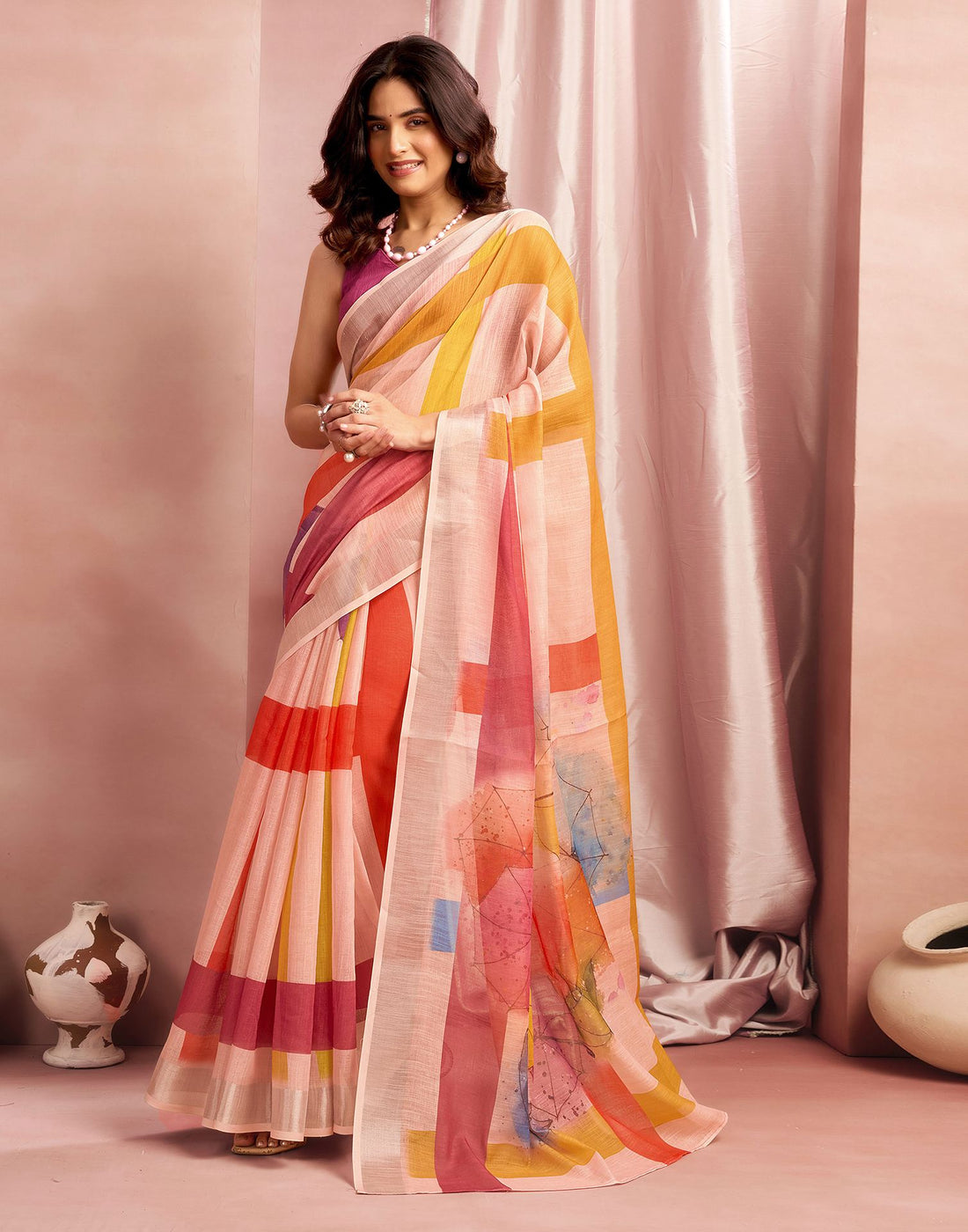 Light Pink Cotton Linen Printed Saree