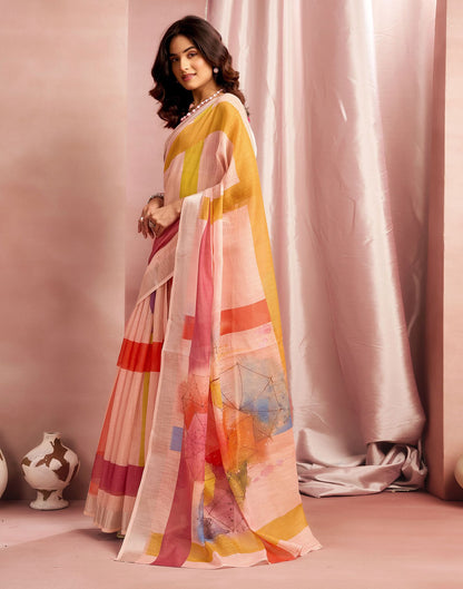 Light Pink Cotton Linen Printed Saree