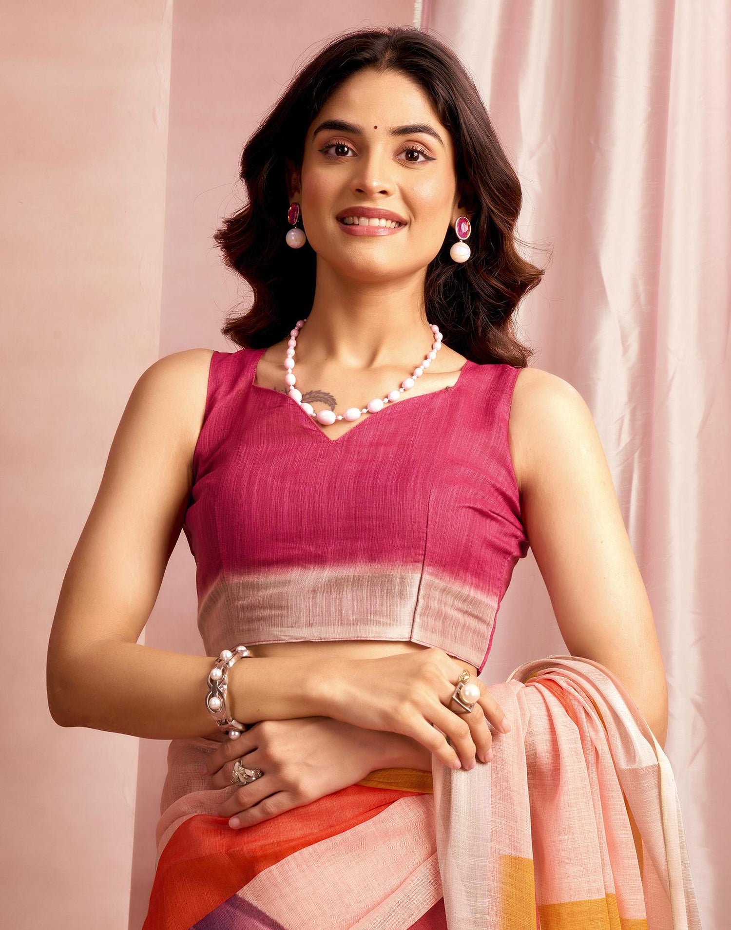 Light Pink Cotton Linen Printed Saree