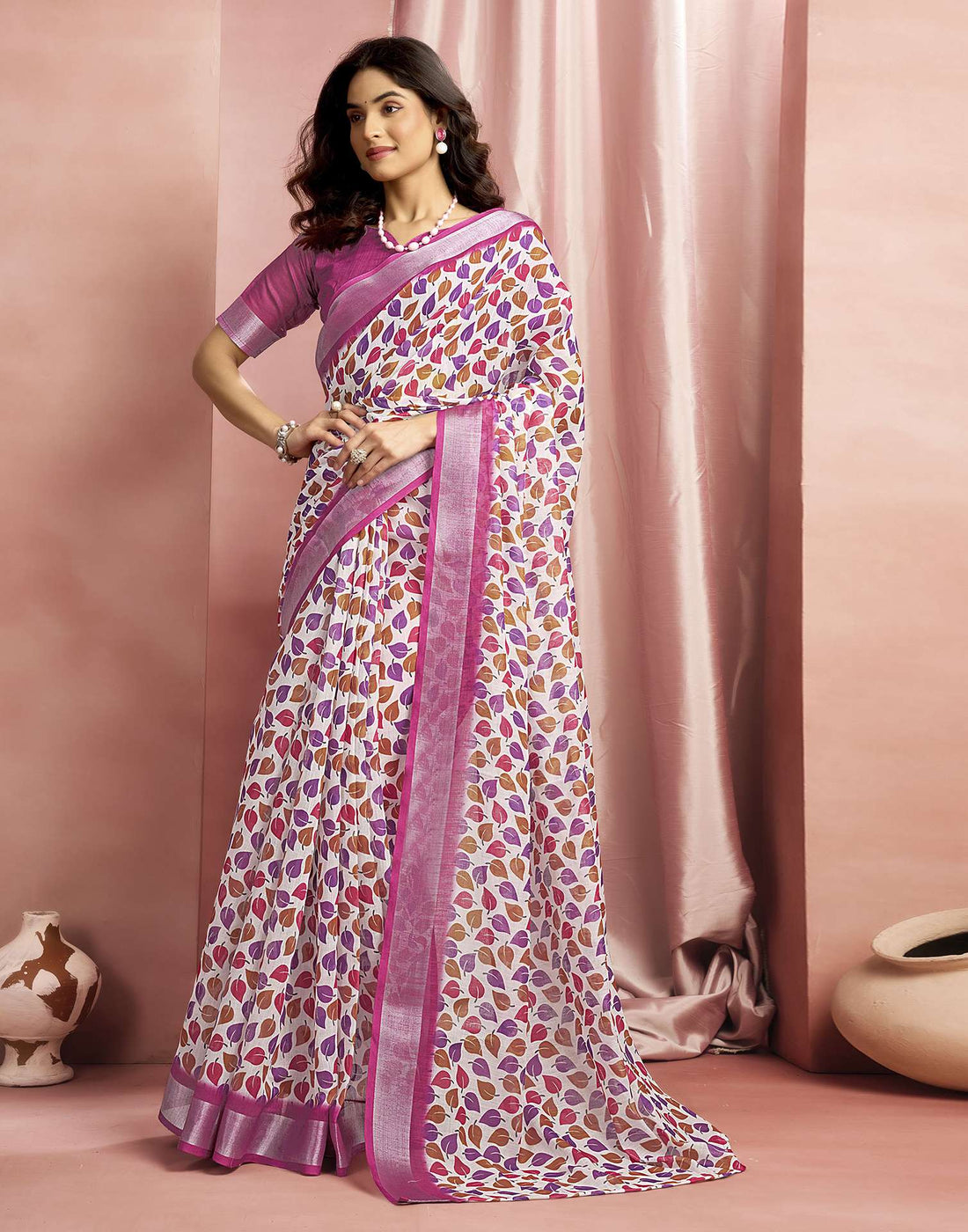 White Cotton Linen Printed Saree