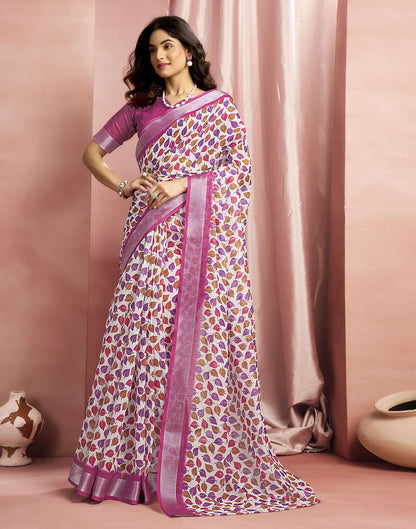 White Cotton Linen Printed Saree