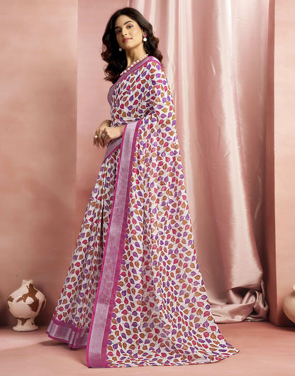 White Cotton Linen Printed Saree