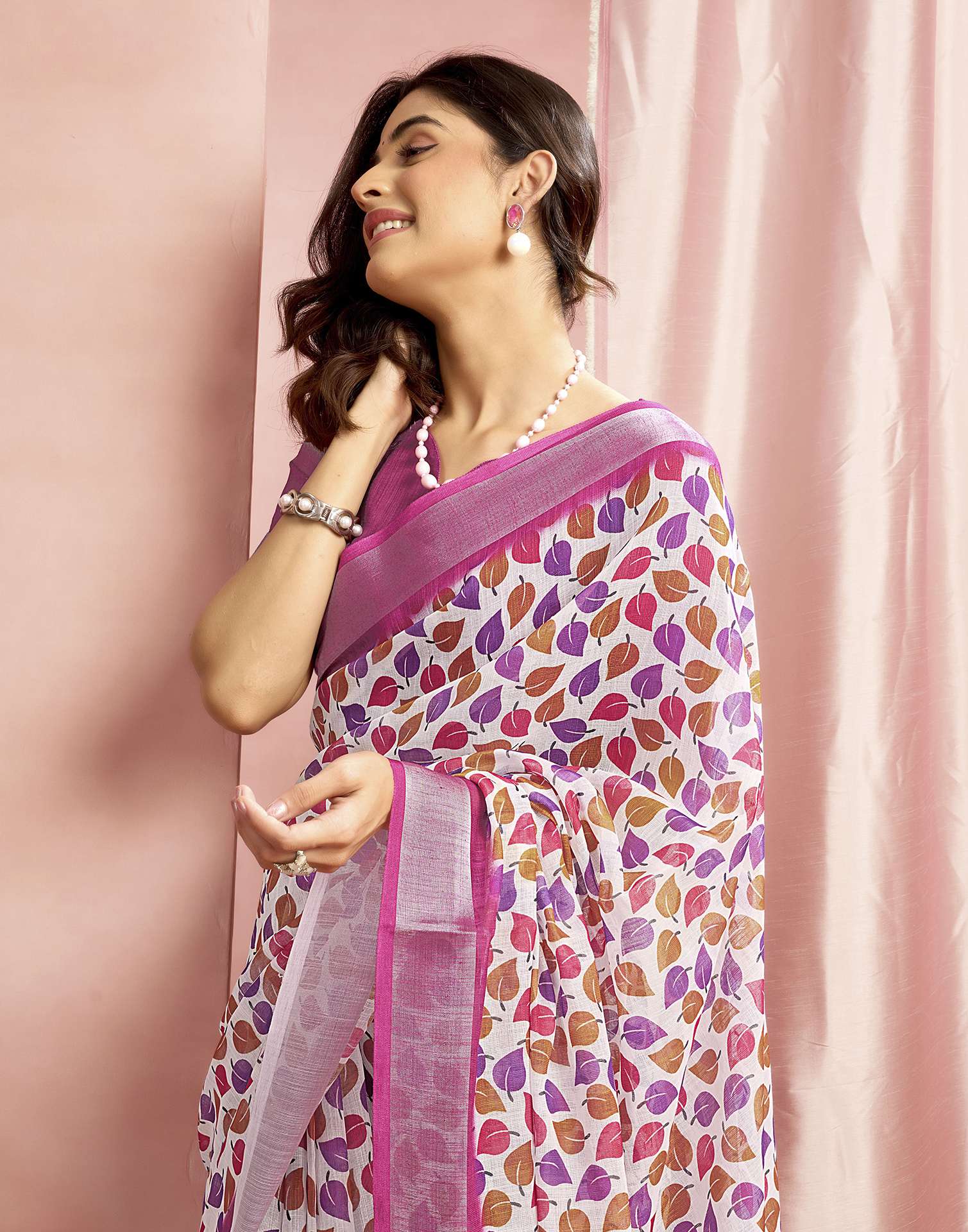 White Cotton Linen Printed Saree
