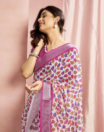 White Cotton Linen Printed Saree