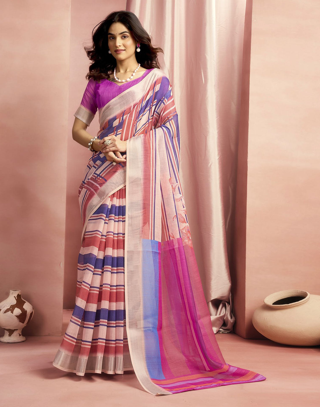 Rani Pink Cotton Linen Printed Saree