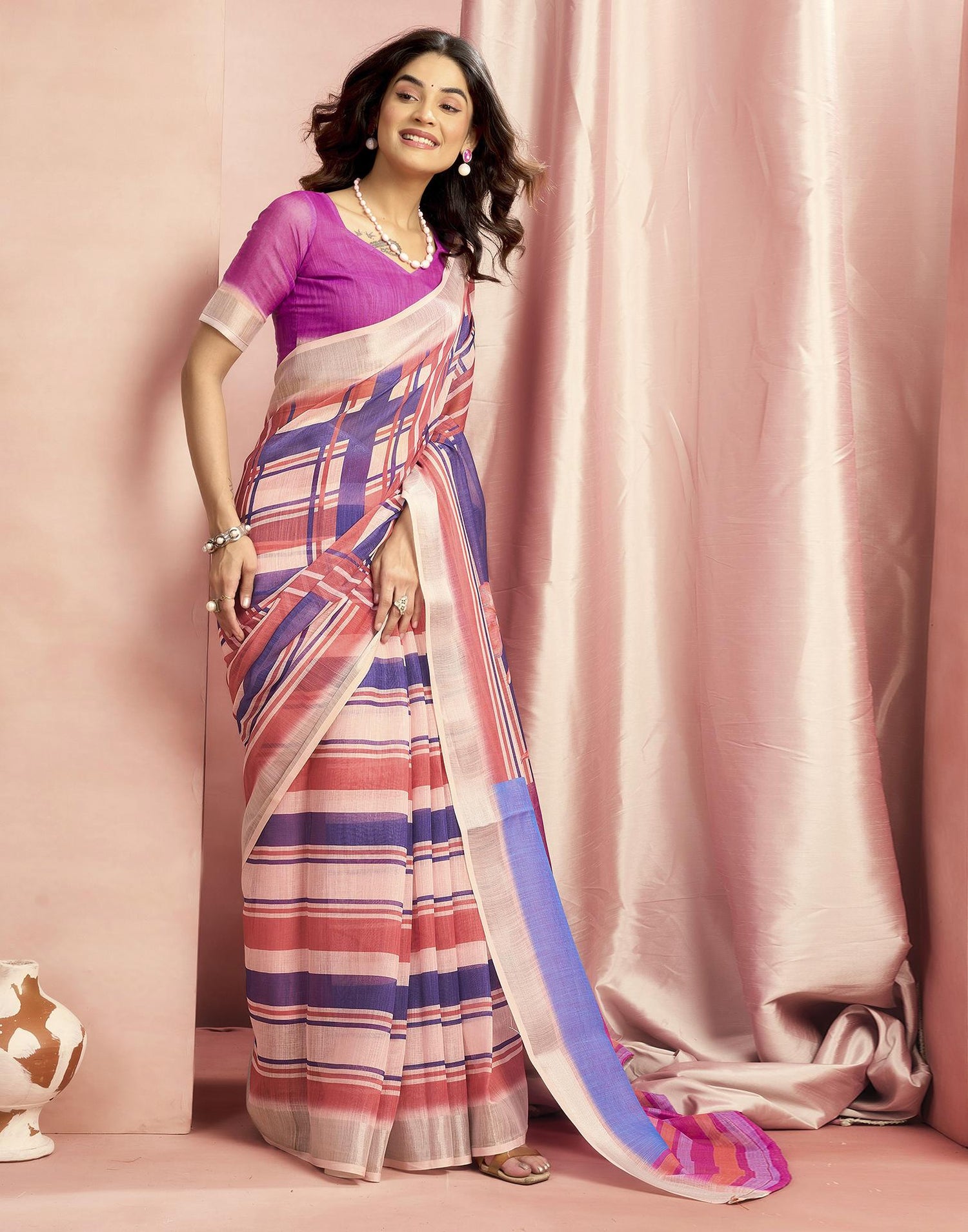 Rani Pink Cotton Linen Printed Saree