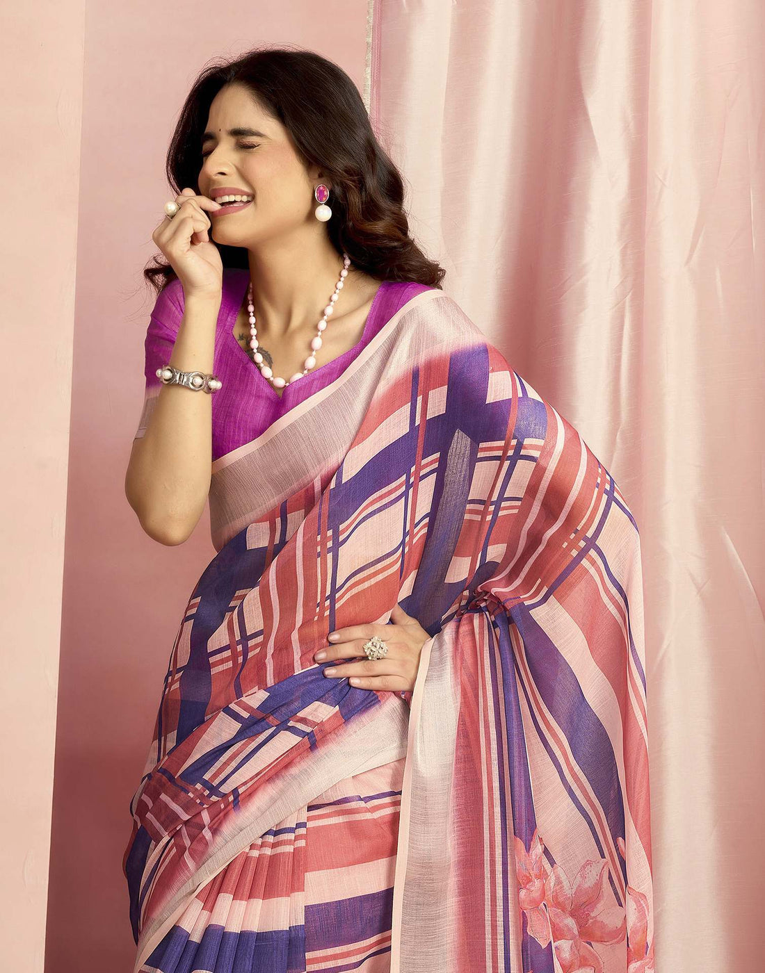Rani Pink Cotton Linen Printed Saree