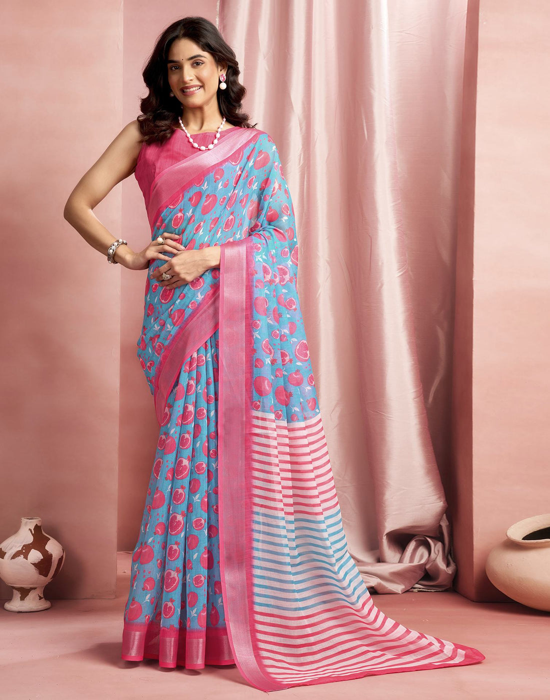 Turqoise Cotton Linen Printed Saree