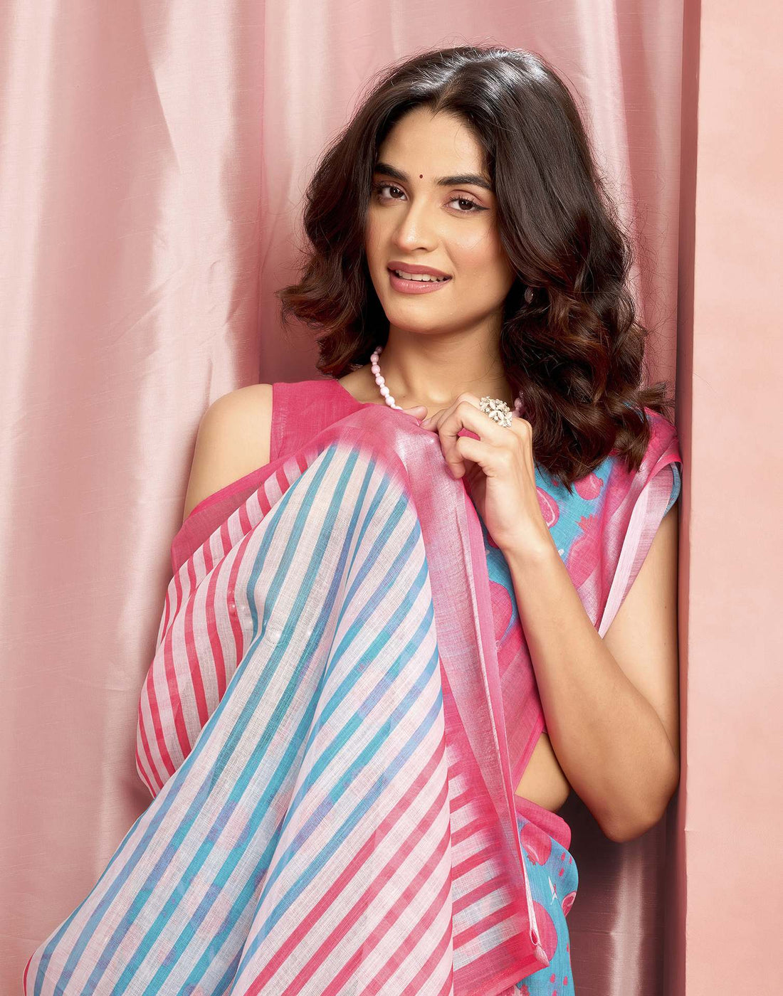 Turqoise Cotton Linen Printed Saree