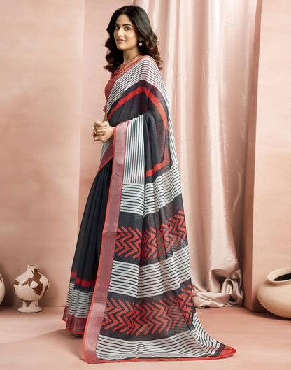 White Cotton Linen Printed Saree