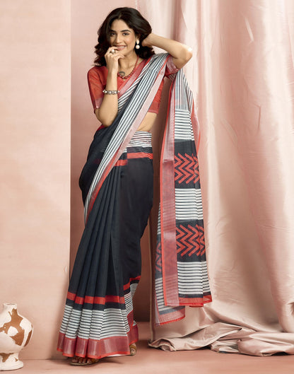 White Cotton Linen Printed Saree