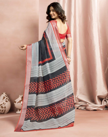 White Cotton Linen Printed Saree