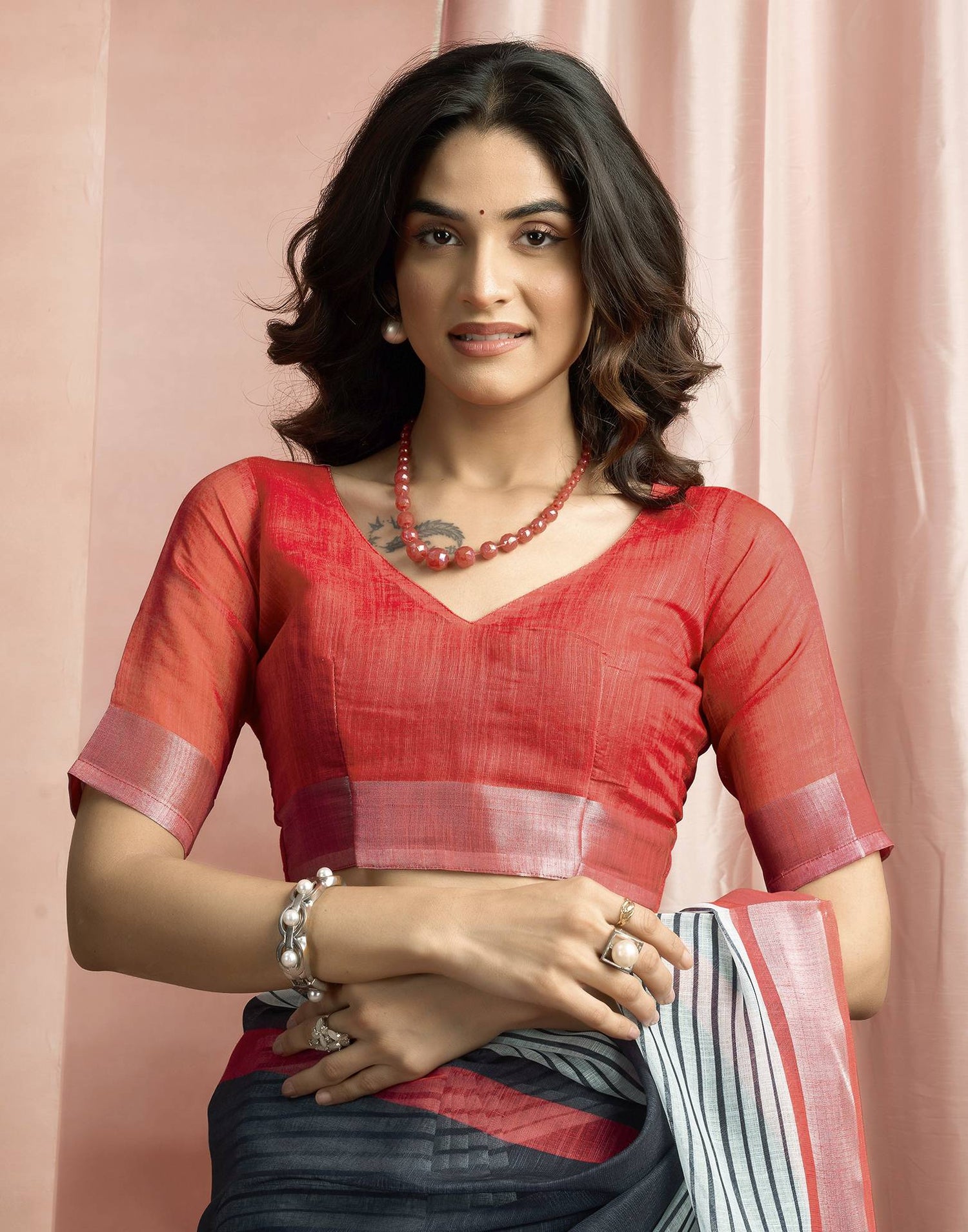 White Cotton Linen Printed Saree