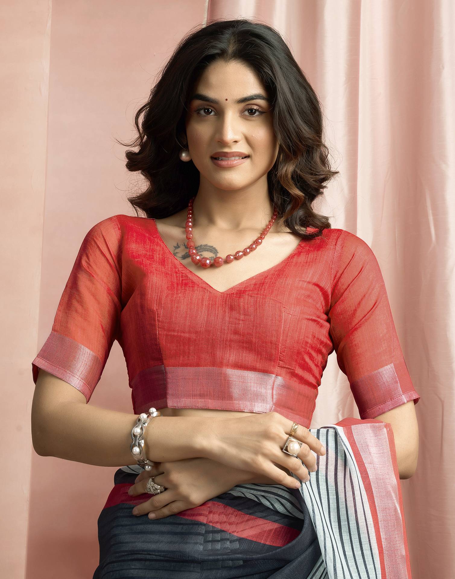 White Cotton Linen Printed Saree