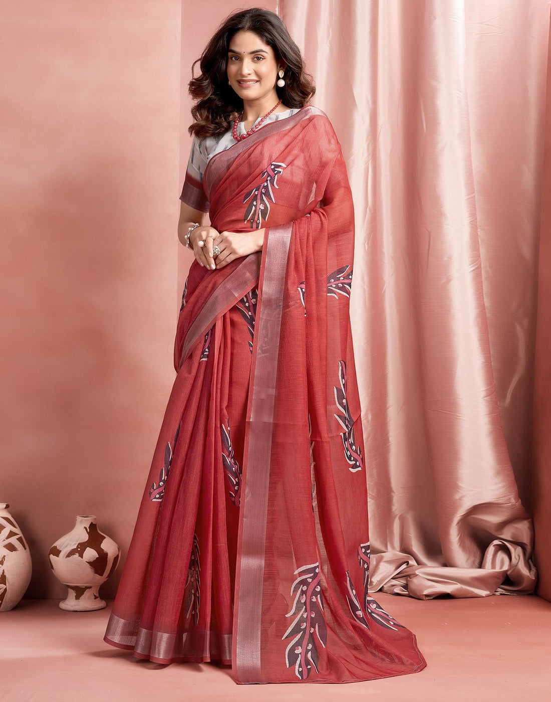 Red Cotton Linen Printed Saree