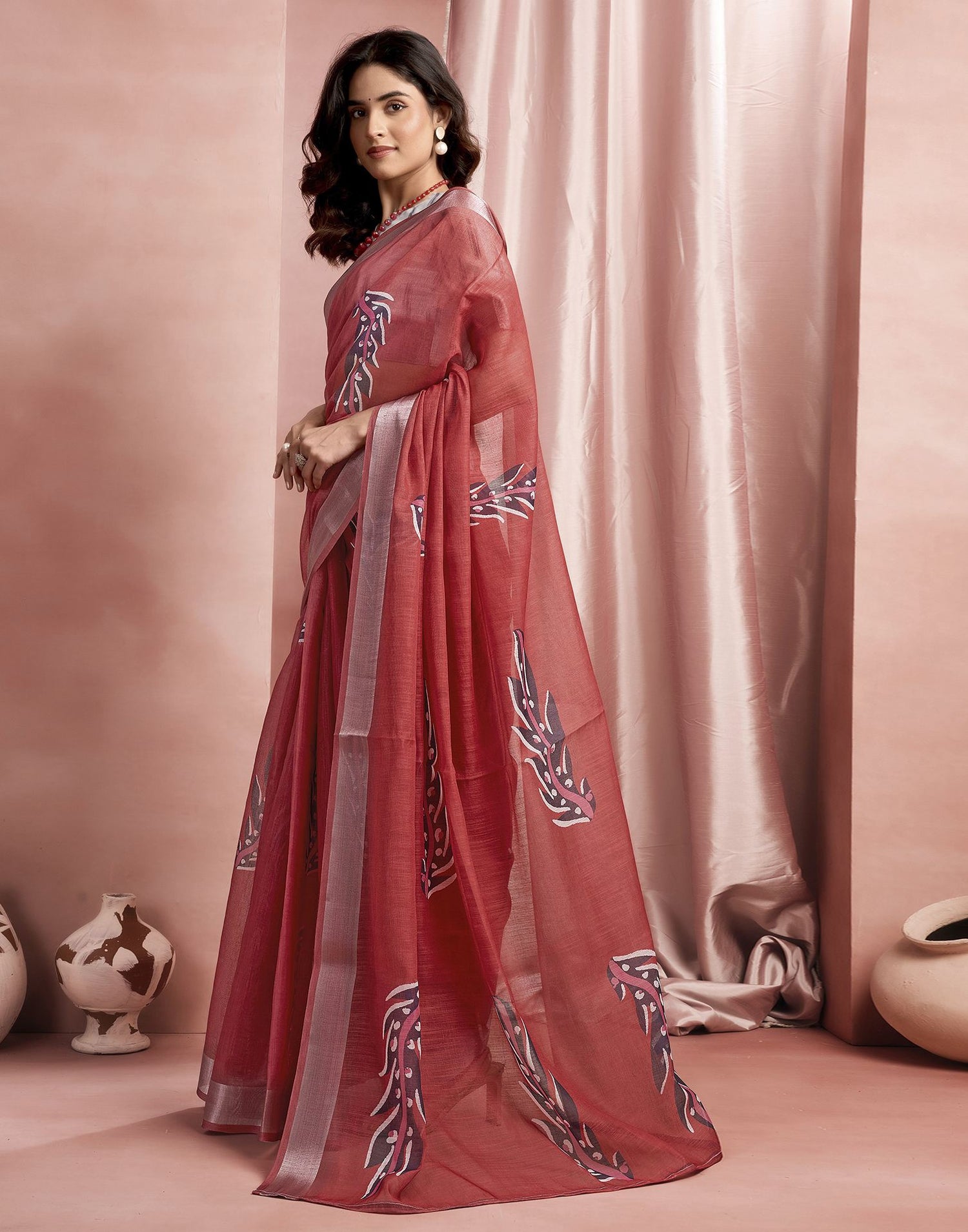 Red Cotton Linen Printed Saree