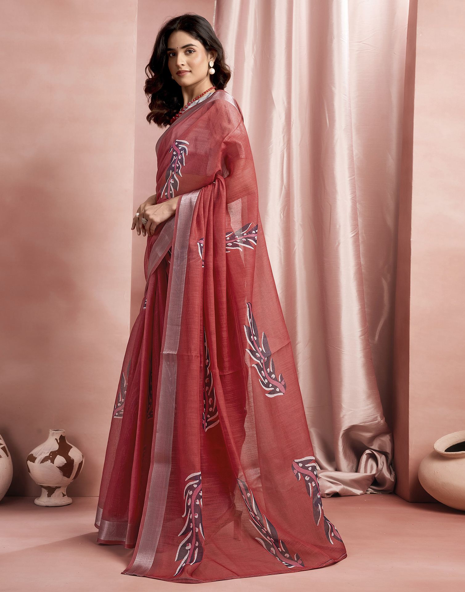 Red Cotton Linen Printed Saree