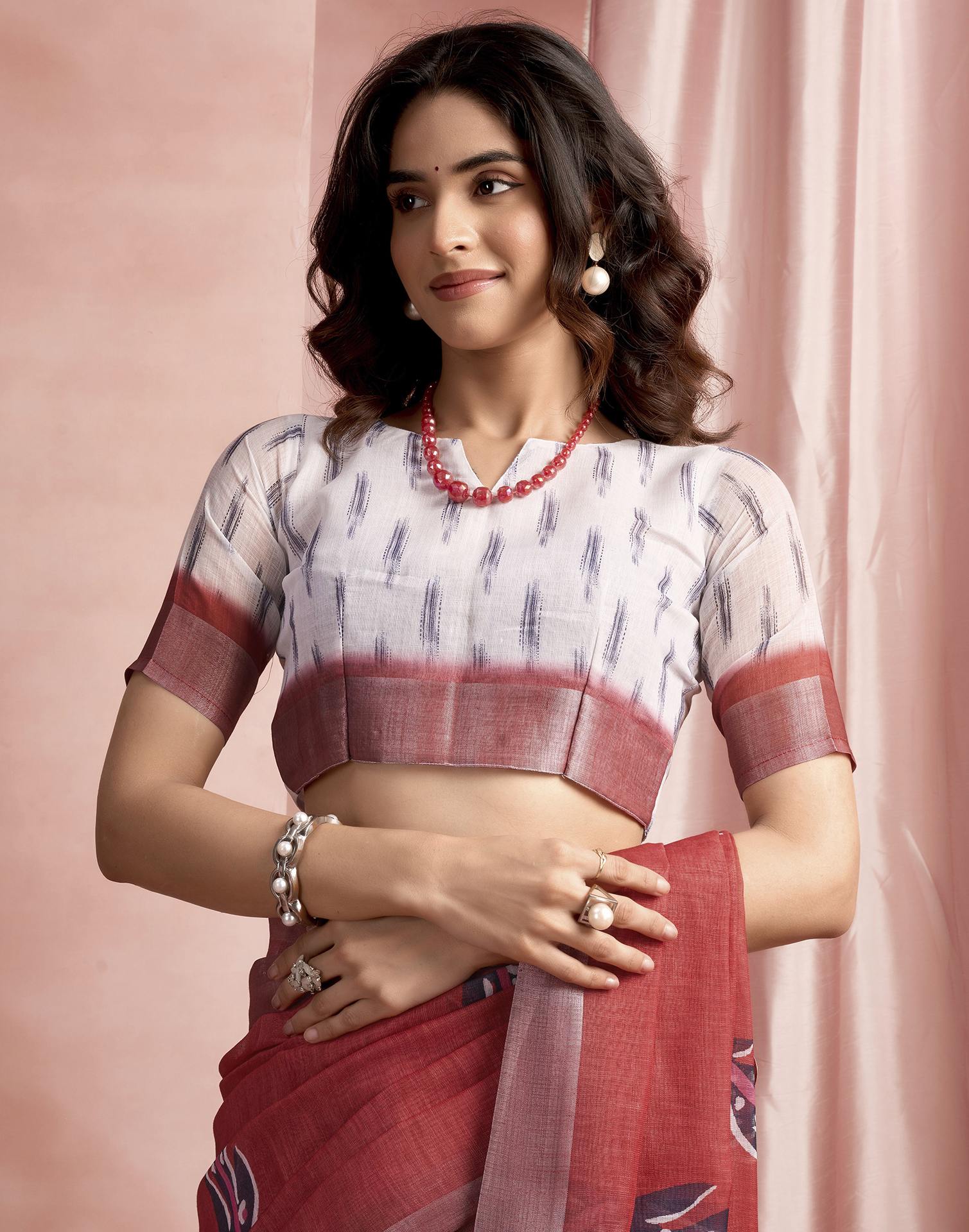 Red Cotton Linen Printed Saree