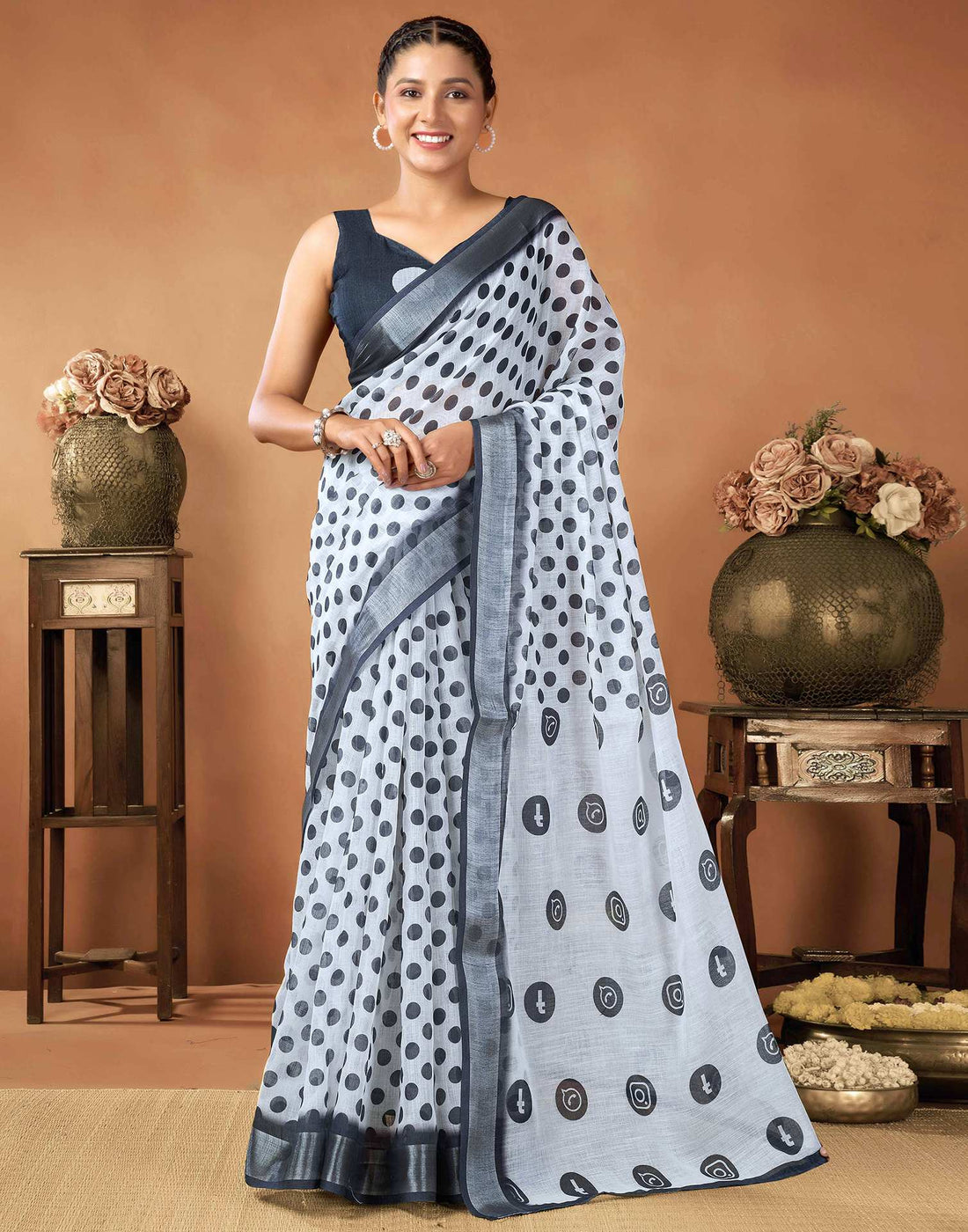 White Cotton Linen Printed Saree