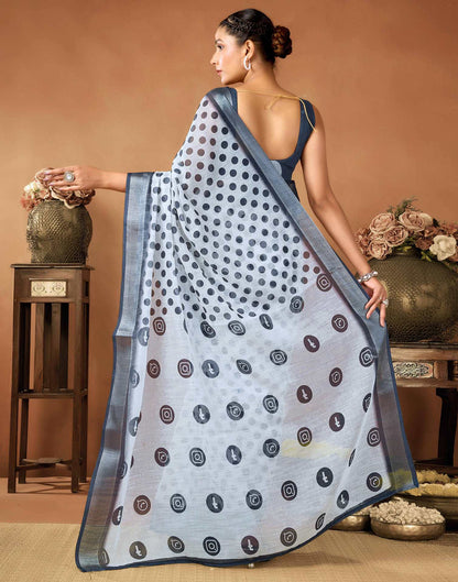White Cotton Linen Printed Saree