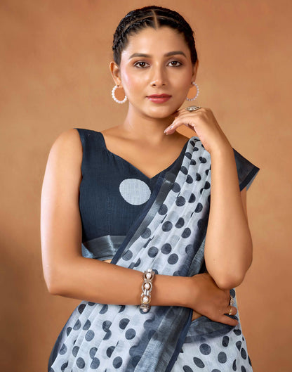 White Cotton Linen Printed Saree