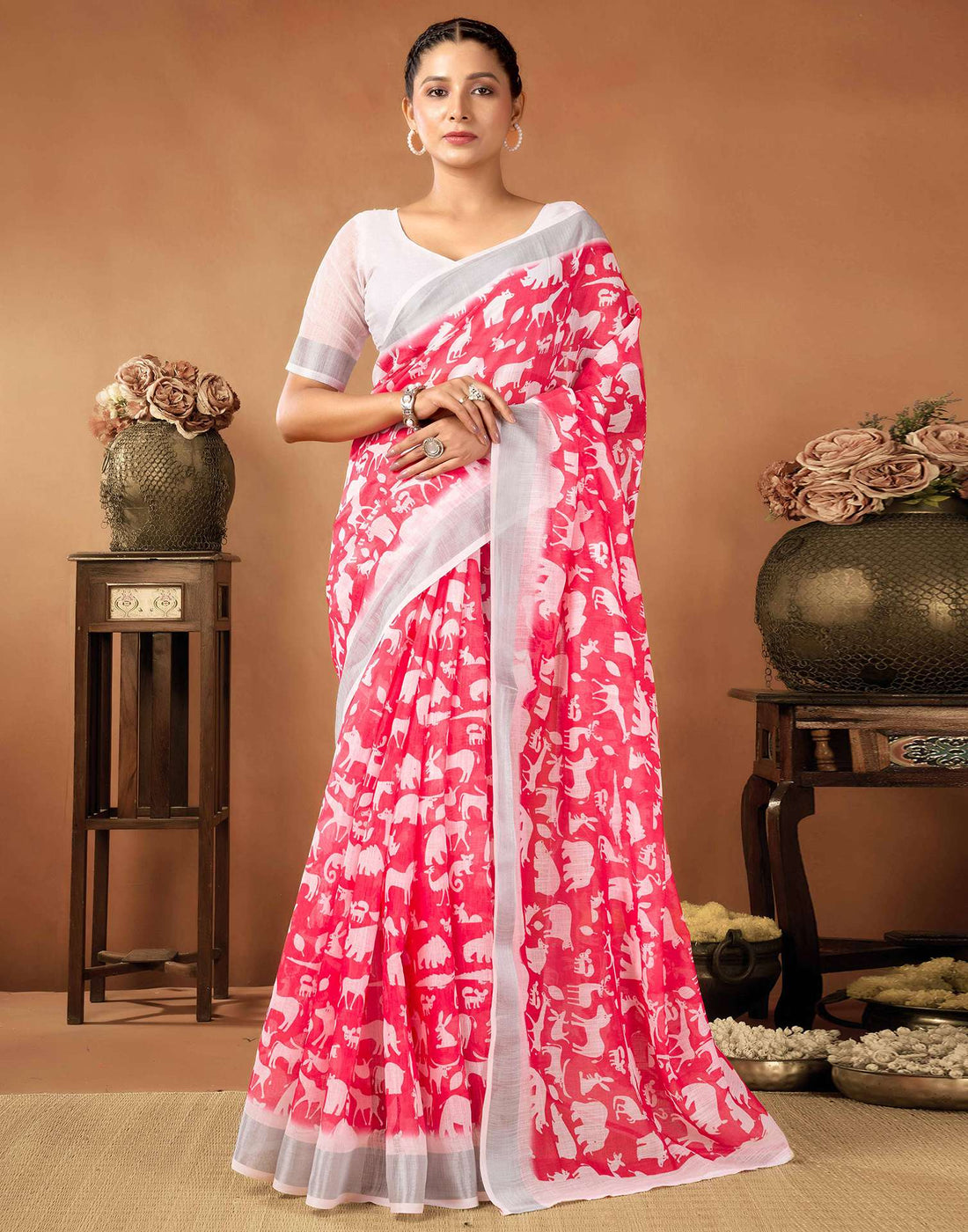Coral Red Cotton Linen Printed Saree