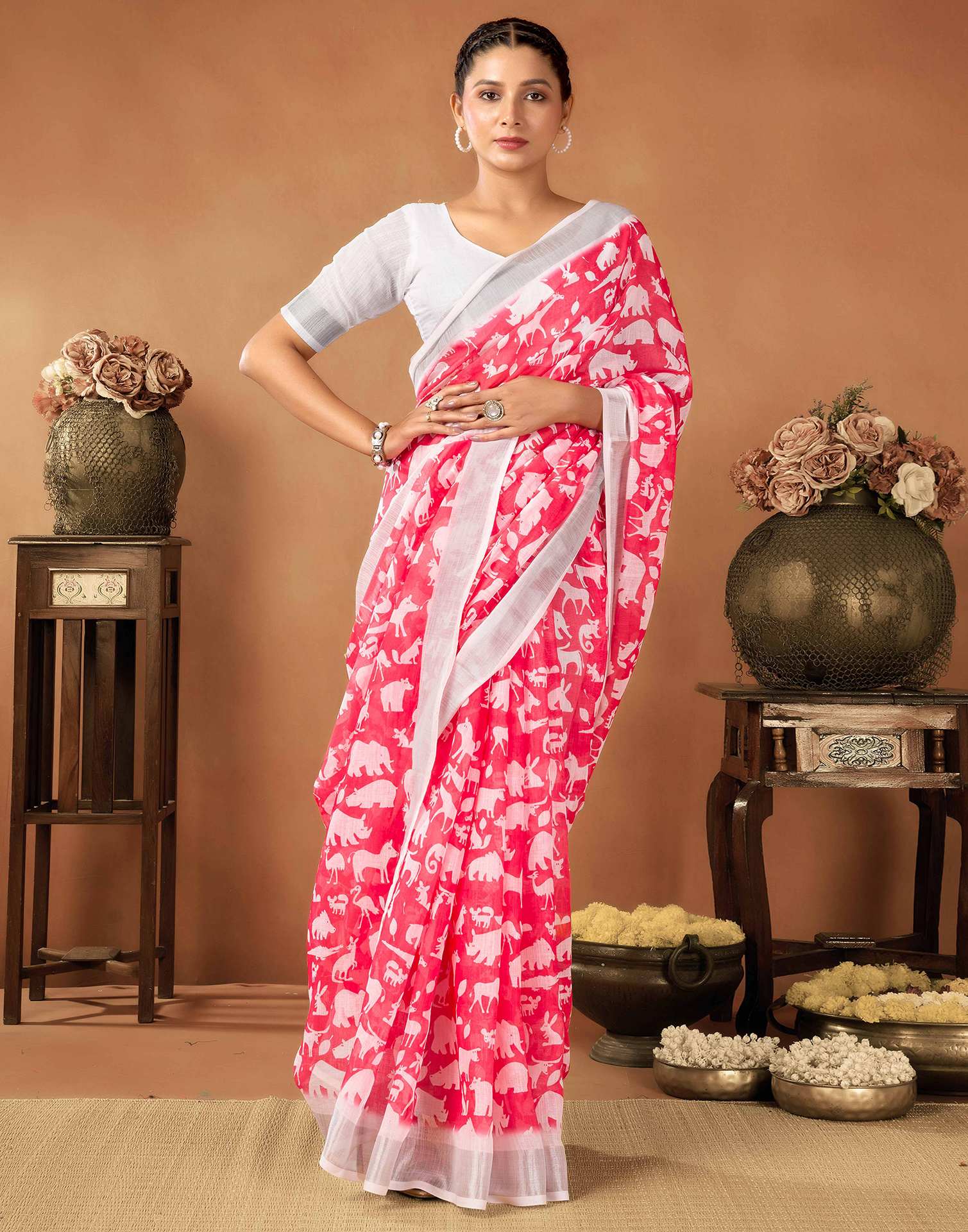 Coral Red Cotton Linen Printed Saree