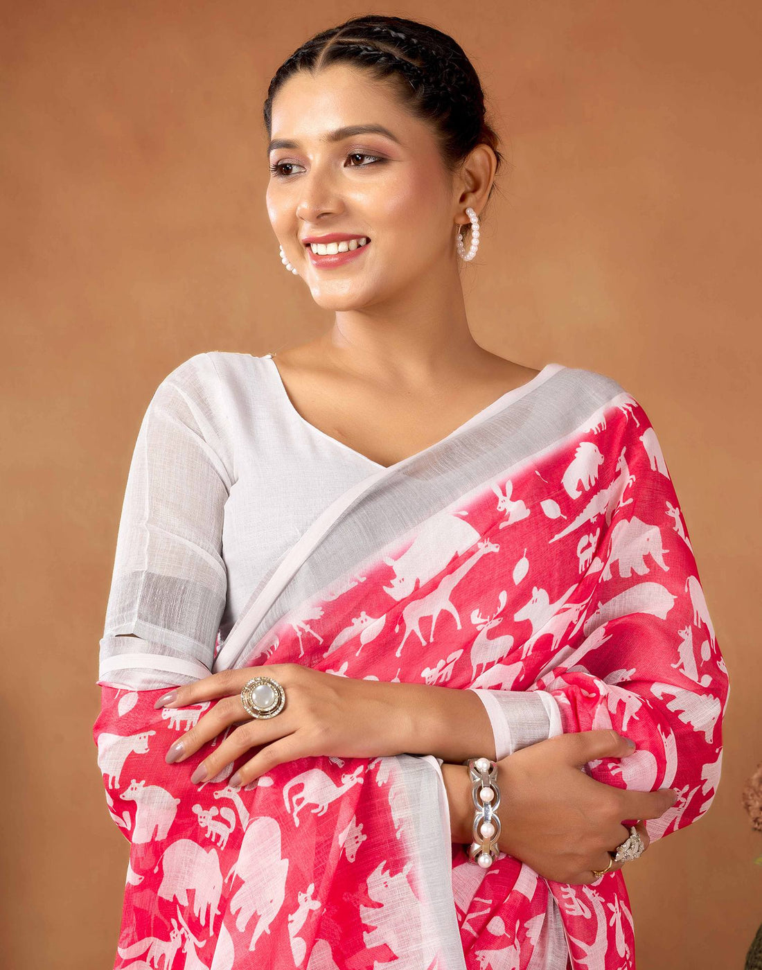 Coral Red Cotton Linen Printed Saree