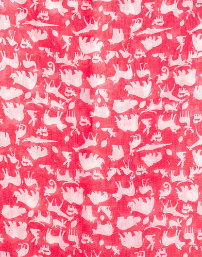 Coral Red Cotton Linen Printed Saree
