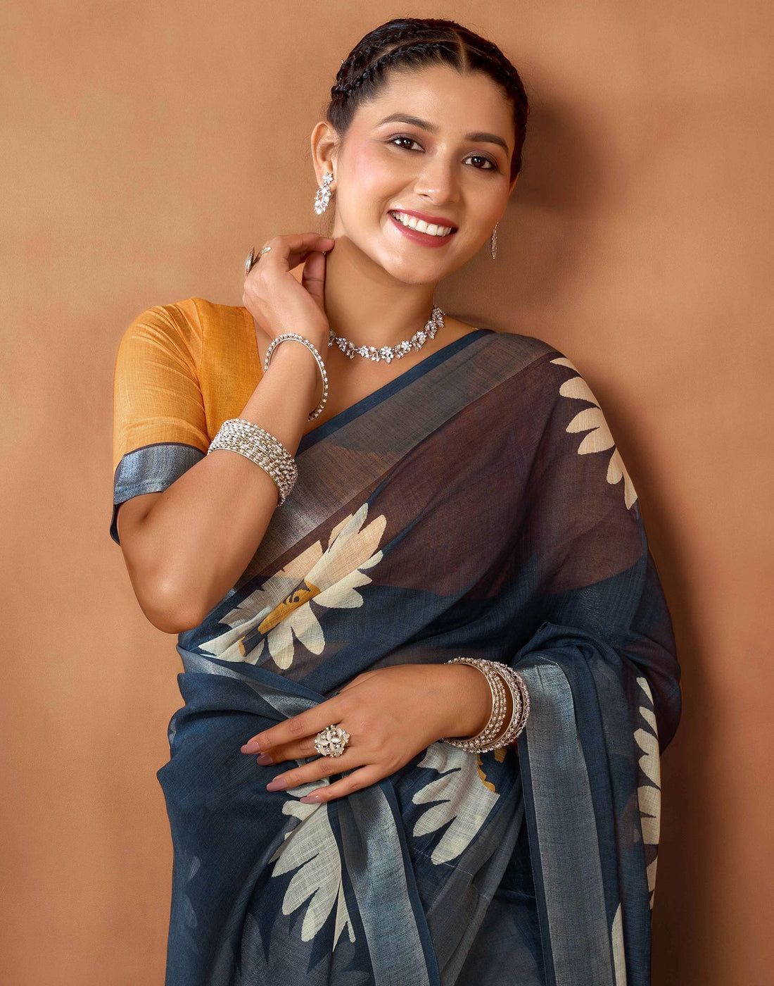 Grey Cotton Linen Floral Printed Saree