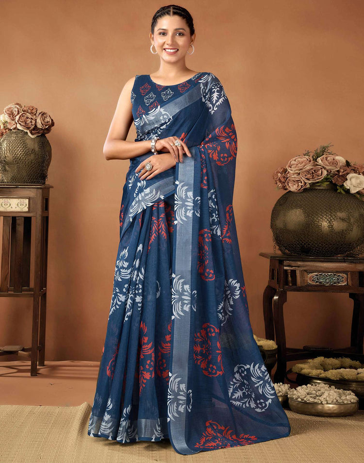 Navy Blue Cotton Linen Printed Saree
