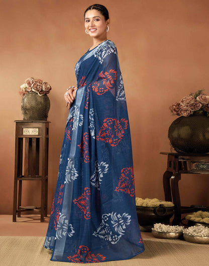 Navy Blue Cotton Linen Printed Saree